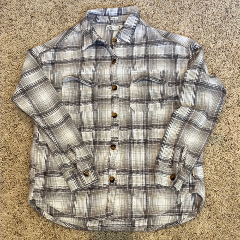 Hollister White and Gray Flannel Shirt Jacket